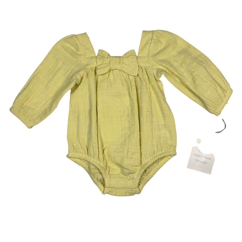 Cloud Island Bow Romper Baby Girl 0-3M Yellow Long Sleeve Textured NWT